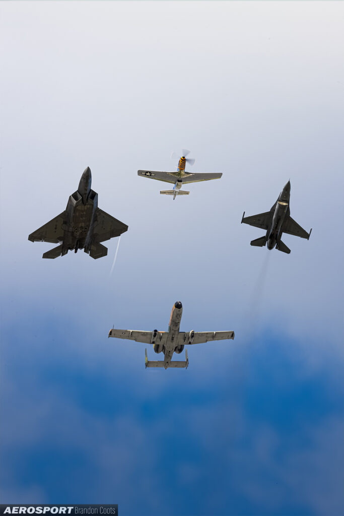 USAF Heritage Flight with a A10, F22, F16, and P51